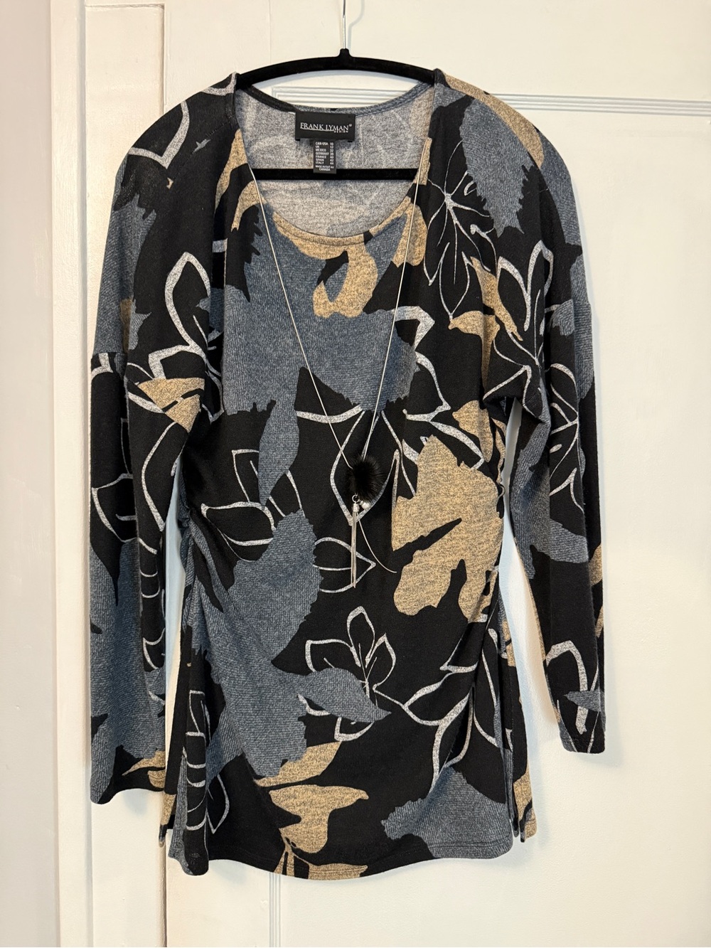 Frank Lyman Design Black Gray and Gold Abstract Floral Long Sleeve Top